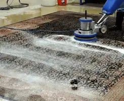 Professional rug cleaning with a rotary floor machine and shampoo foam, deep-cleaning an area rug, in Saint Louis, MO.